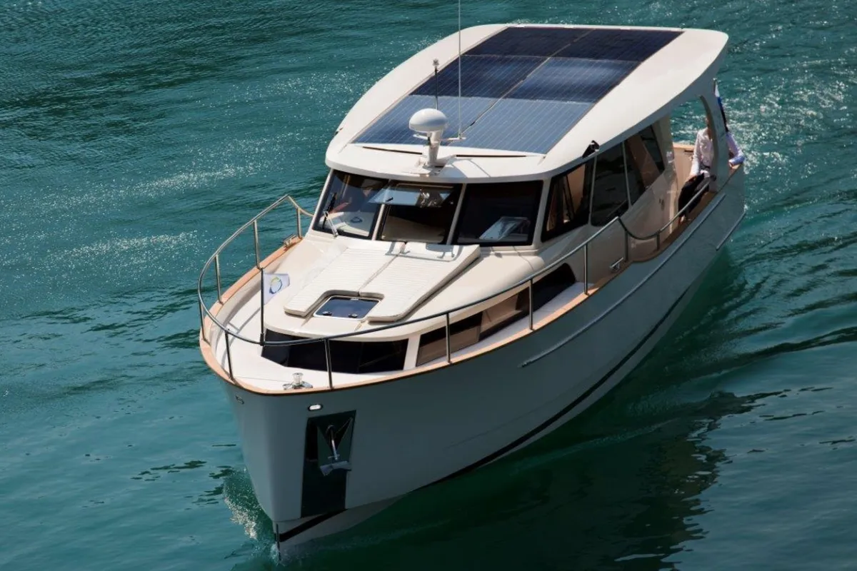 Exterior view of Dalen, a Greenline 33 motor yacht at Porsgrunn, Norway