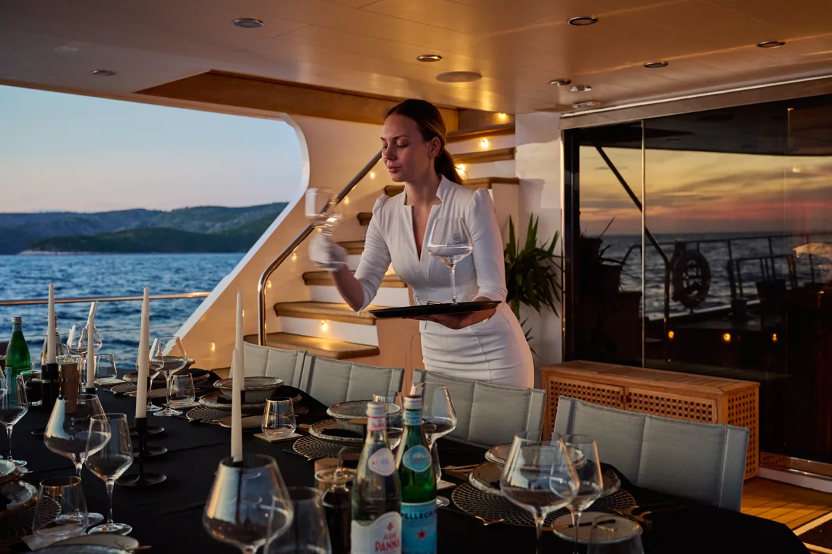 Head on Lady Gita, a Gulet Motor sailer motor yacht at Split, Croatia