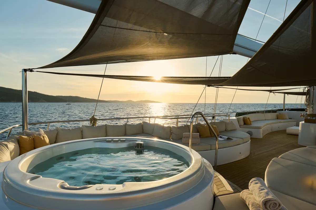 Deck of Lady Gita, a Gulet Motor sailer motor yacht at Split, Croatia