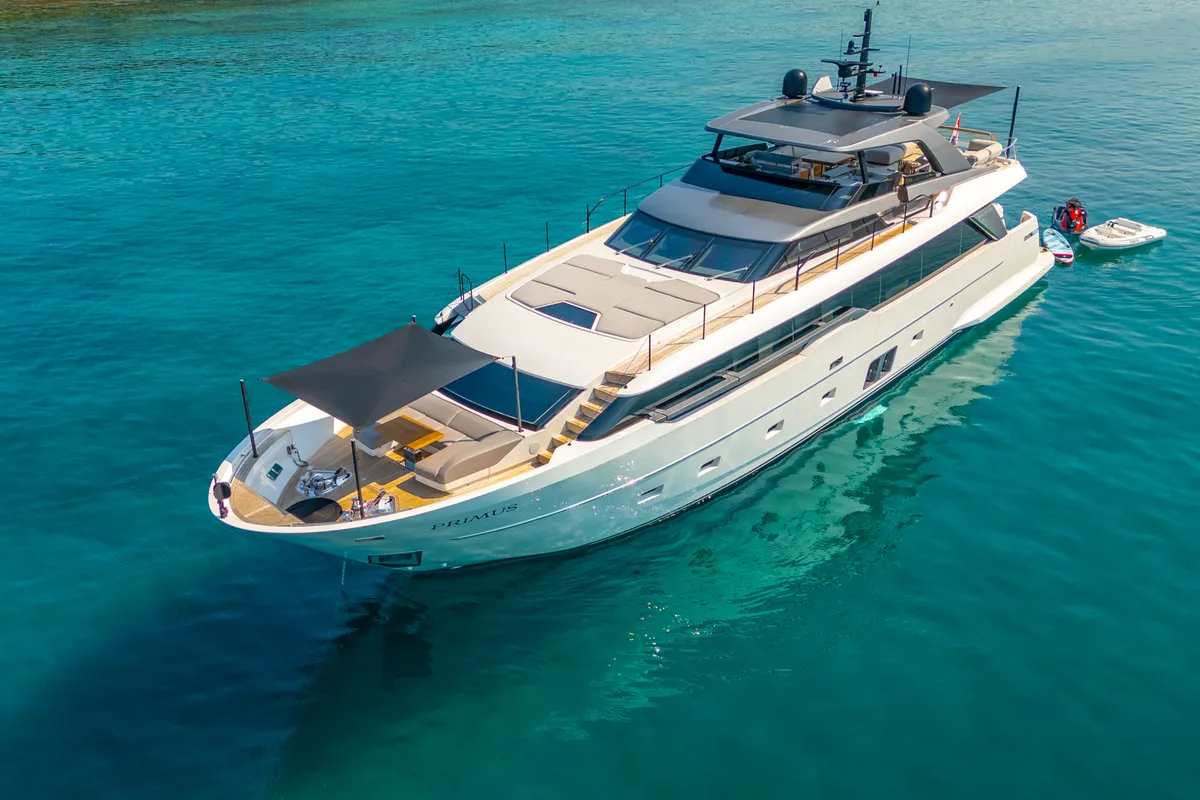 Exterior view of Primus, a San Lorenzo SL 96 motor yacht at Seget Donji, Croatia