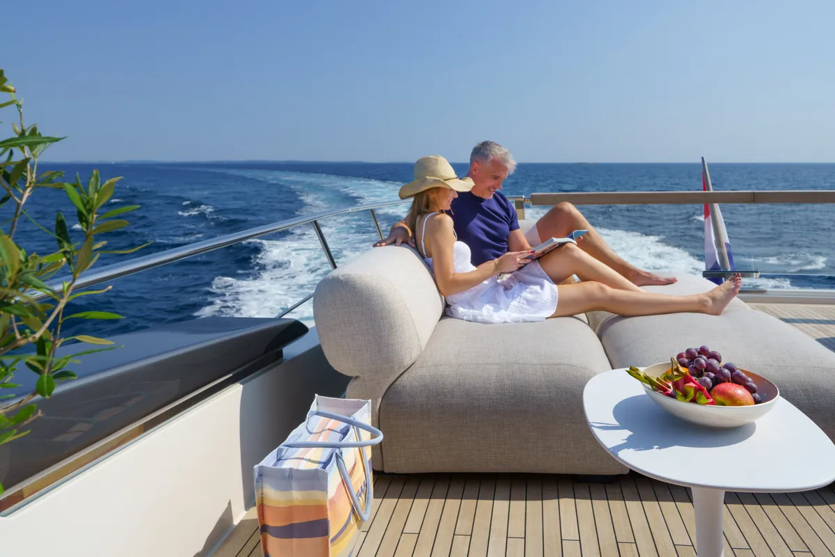 Deck of Primus, a San Lorenzo SL 96 motor yacht at Seget Donji, Croatia