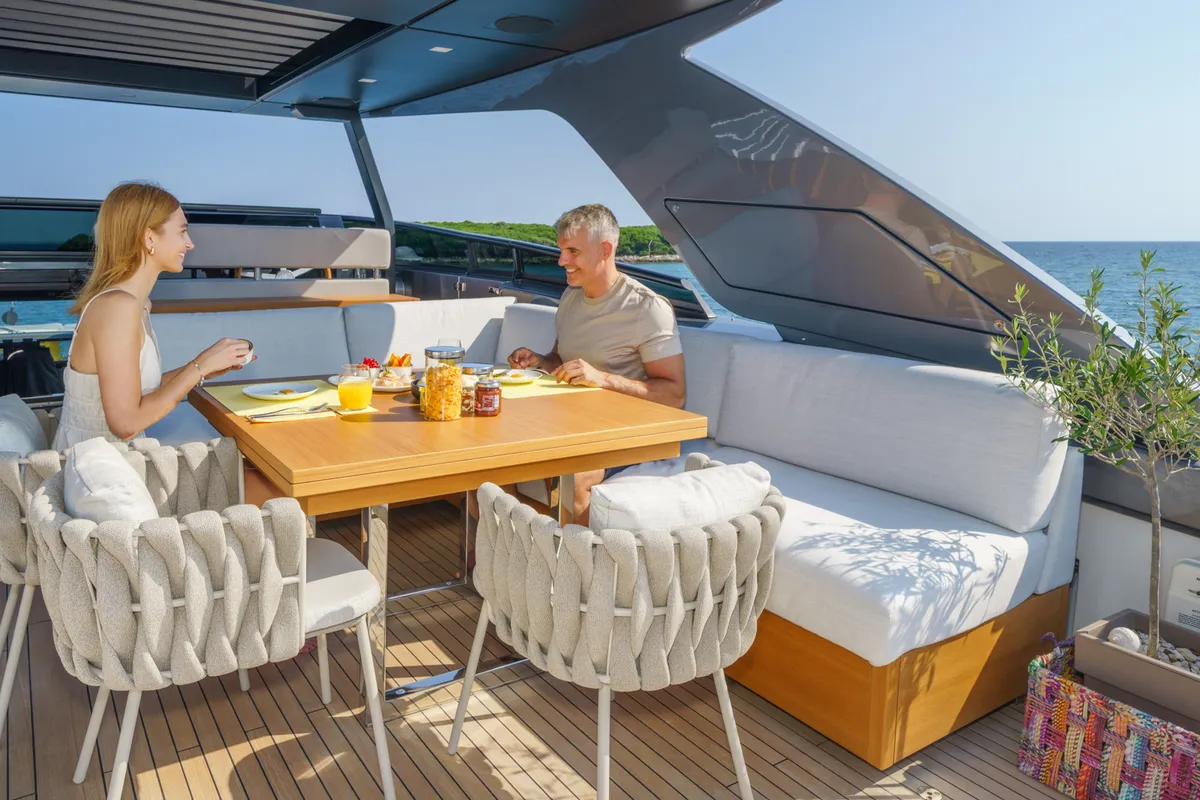 Deck of Primus, a San Lorenzo SL 96 motor yacht at Seget Donji, Croatia