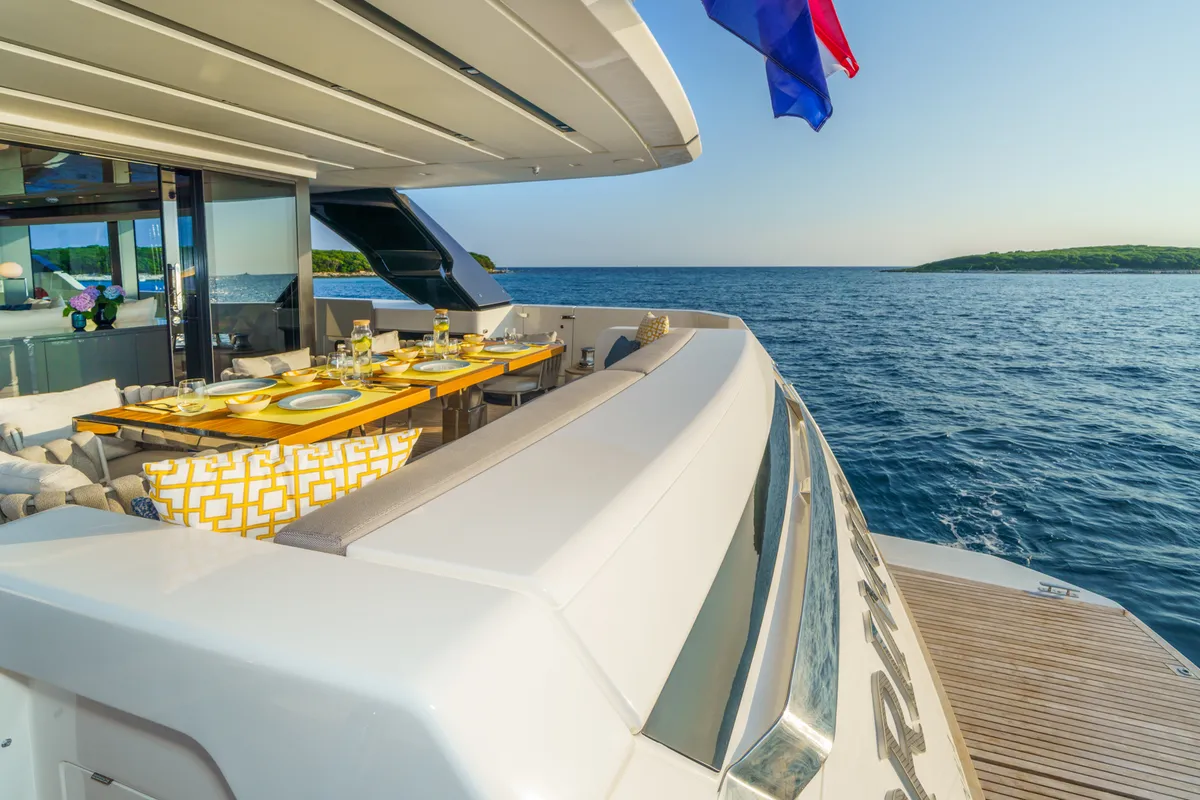 Deck of Primus, a San Lorenzo SL 96 motor yacht at Seget Donji, Croatia