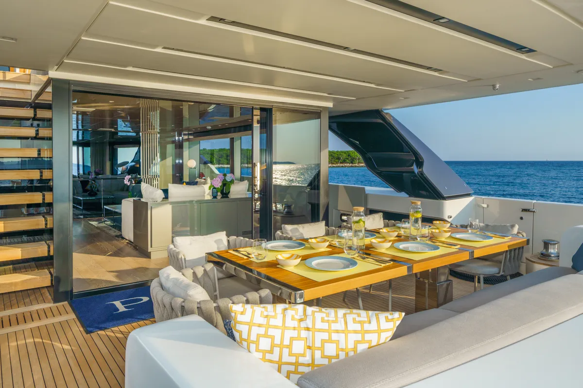 Deck of Primus, a San Lorenzo SL 96 motor yacht at Seget Donji, Croatia