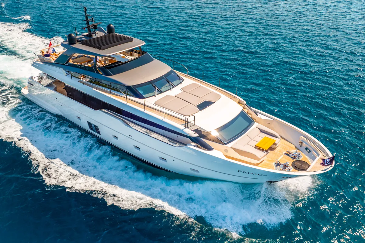 Exterior view of Primus, a San Lorenzo SL 96 motor yacht at Seget Donji, Croatia