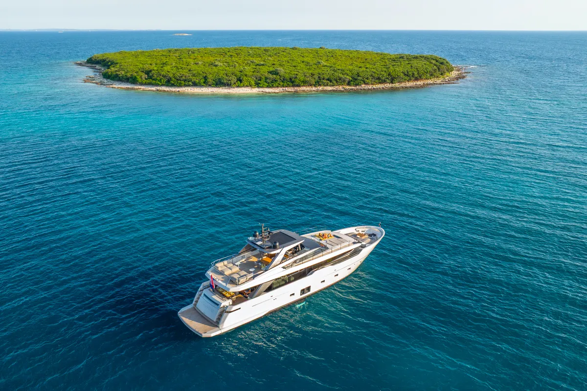 Exterior view of Primus, a San Lorenzo SL 96 motor yacht at Seget Donji, Croatia