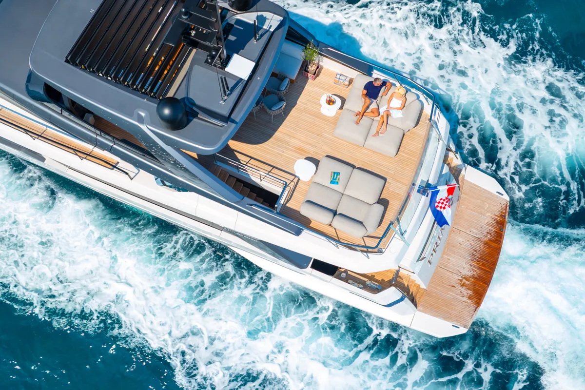 Exterior view of Primus, a San Lorenzo SL 96 motor yacht at Seget Donji, Croatia
