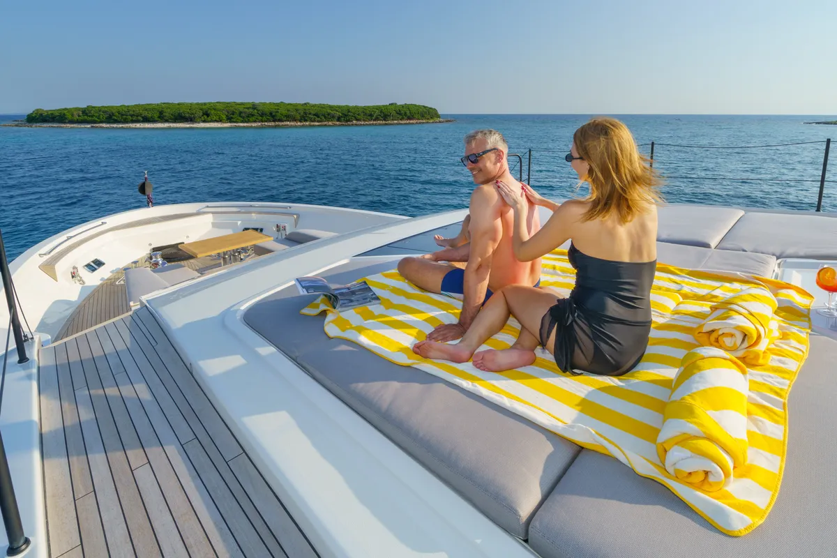 Deck of Primus, a San Lorenzo SL 96 motor yacht at Seget Donji, Croatia