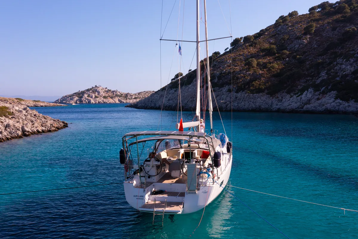 Exterior view of Sunlark, a Jeanneau 54 sailboat at Marmaris, Turkey