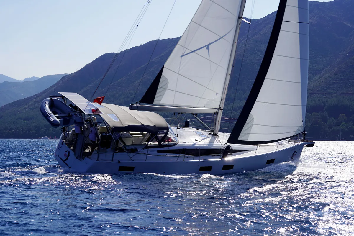 Exterior view of Sunlark, a Jeanneau 54 sailboat at Marmaris, Turkey