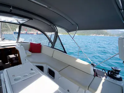 Deck of Sunlark, a Jeanneau 54 sailboat at Marmaris, Turkey