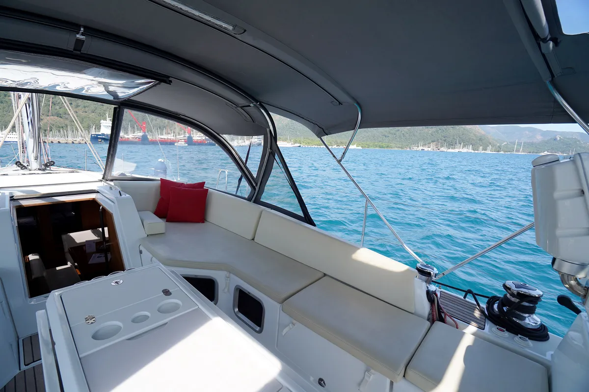 Deck of Sunlark, a Jeanneau 54 sailboat at Marmaris, Turkey