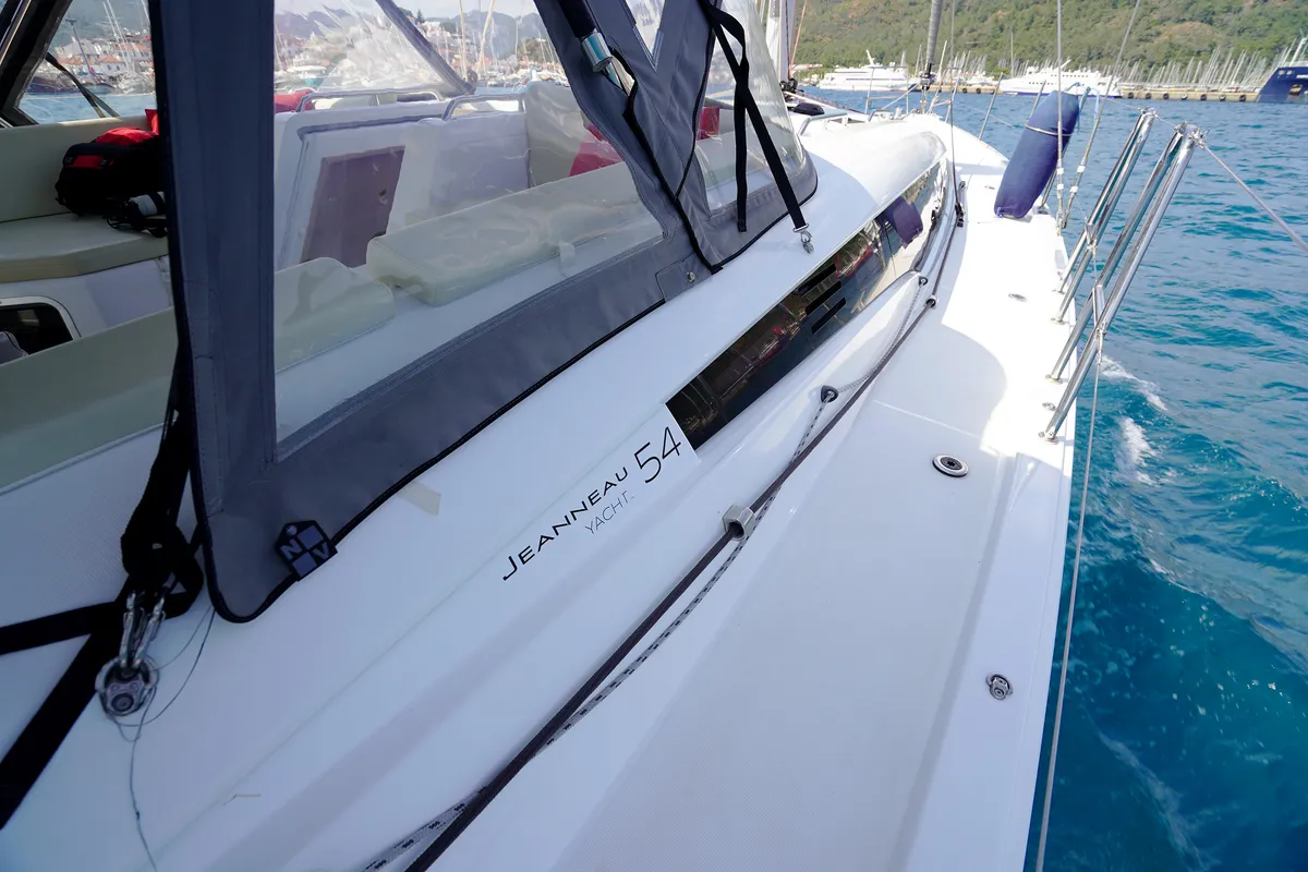 Deck of Sunlark, a Jeanneau 54 sailboat at Marmaris, Turkey