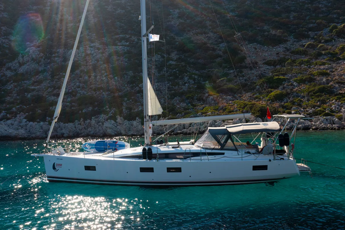 Exterior view of Sunlark, a Jeanneau 54 sailboat at Marmaris, Turkey