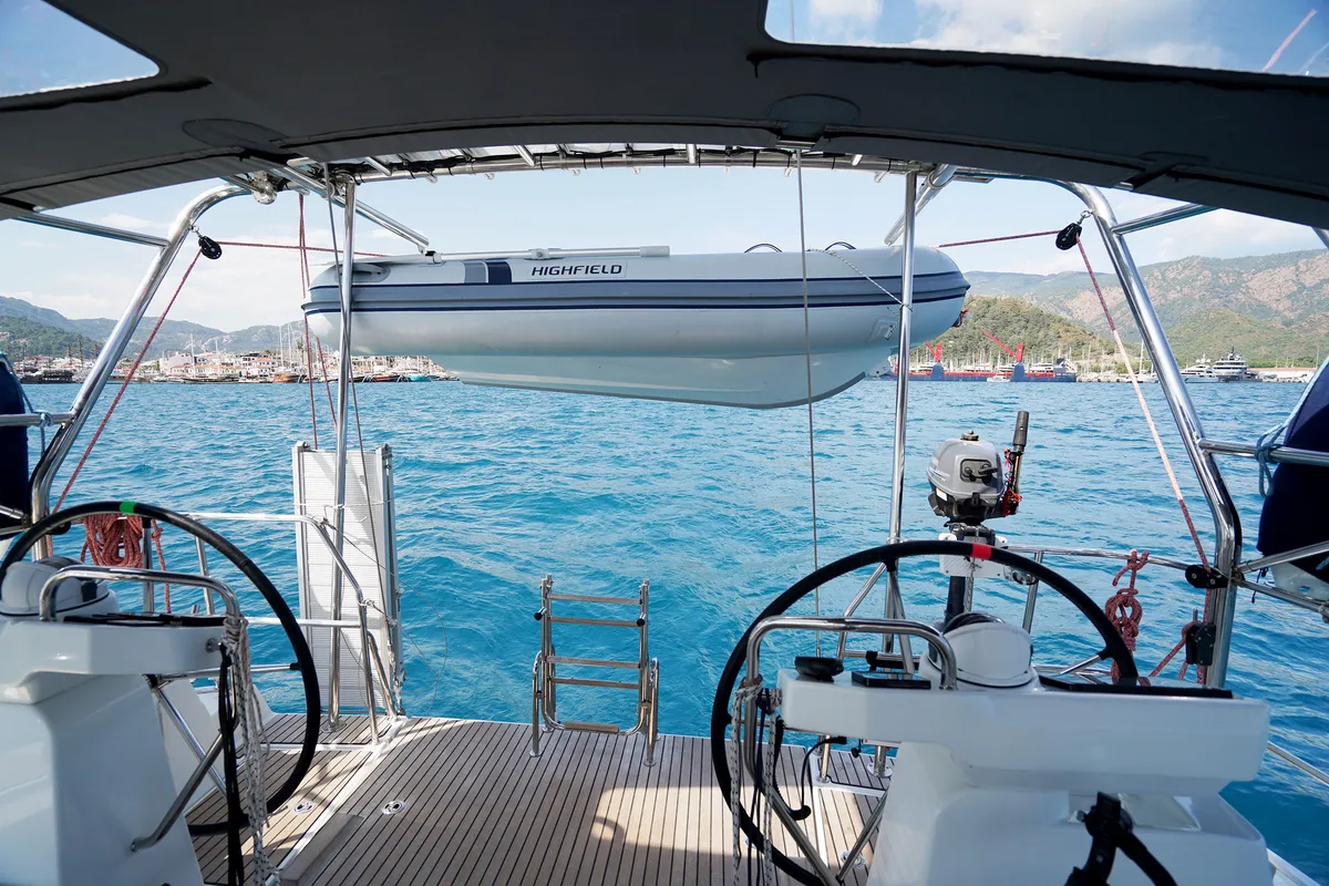 Deck of Sunlark, a Jeanneau 54 sailboat at Marmaris, Turkey