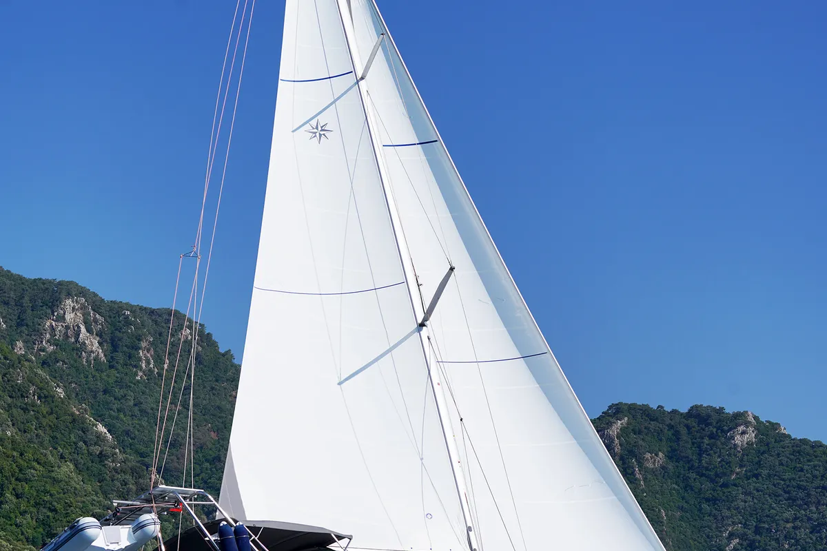 Exterior view of Sunlark, a Jeanneau 54 sailboat at Marmaris, Turkey