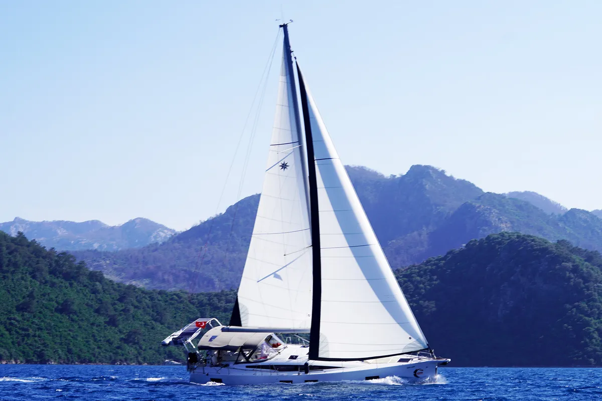 Exterior view of Sunlark, a Jeanneau 54 sailboat at Marmaris, Turkey