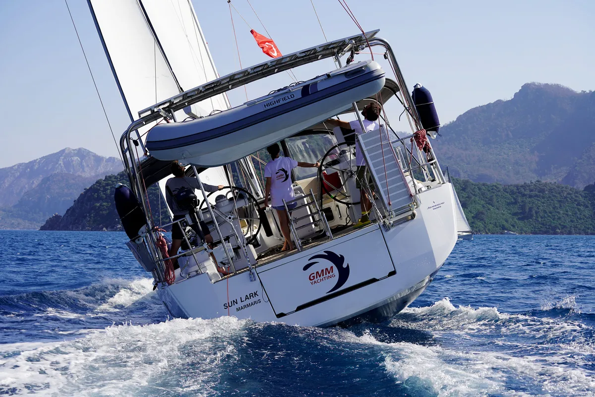 Exterior view of Sunlark, a Jeanneau 54 sailboat at Marmaris, Turkey