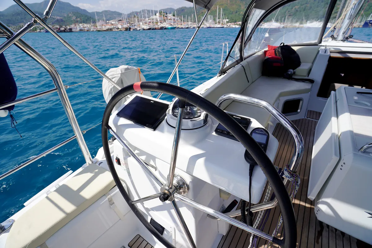 Cockpit of Sunlark, a Jeanneau 54 sailboat at Marmaris, Turkey