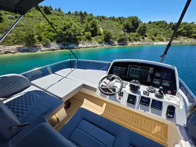 Cockpit of Tireless Too, a Sealine F430 motor yacht at Kaštela, Croatia