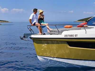 Deck of Tireless Too, a Sealine F430 motor yacht at Kaštela, Croatia