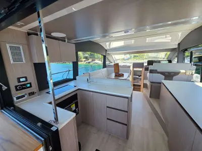 Galley of Tireless Too, a Sealine F430 motor yacht at Kaštela, Croatia