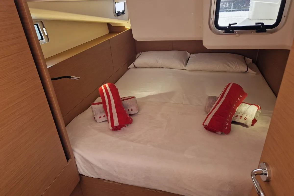 Cabin on Koala II, a Jeanneau Sun Odyssey 440 sailboat at Sant Antoni de Portmany, Spain