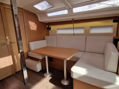 Salon of Koala II, a Jeanneau Sun Odyssey 440 sailboat at Sant Antoni de Portmany, Spain
