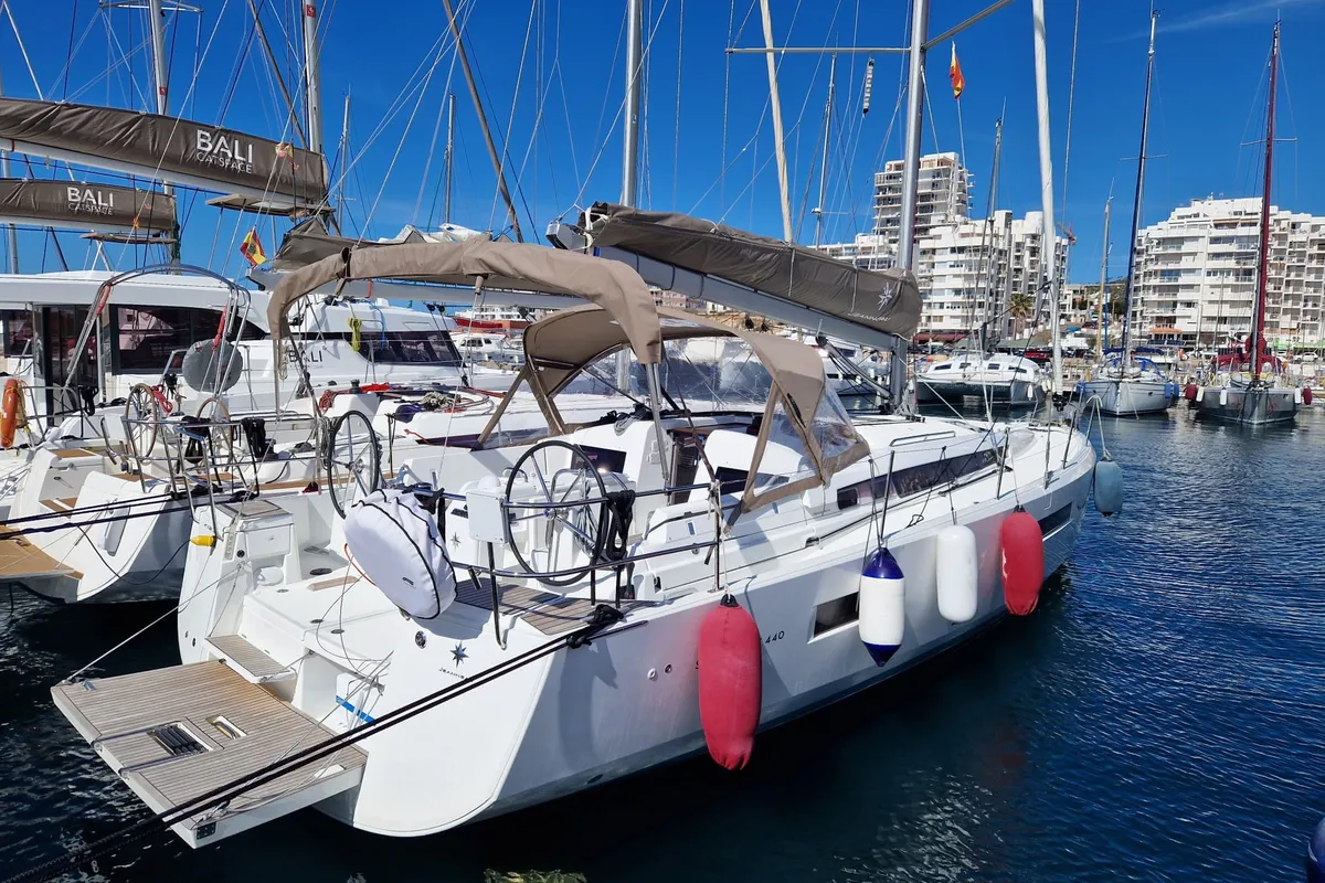 Exterior view of Koala II, a Jeanneau Sun Odyssey 440 sailboat at Sant Antoni de Portmany, Spain