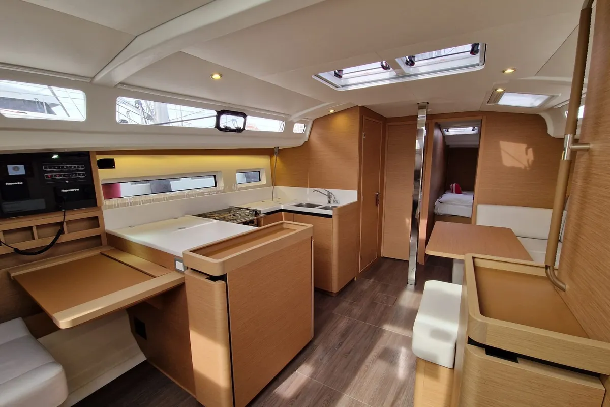 Salon of Koala II, a Jeanneau Sun Odyssey 440 sailboat at Sant Antoni de Portmany, Spain
