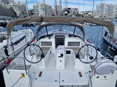 Cockpit of Koala II, a Jeanneau Sun Odyssey 440 sailboat at Sant Antoni de Portmany, Spain