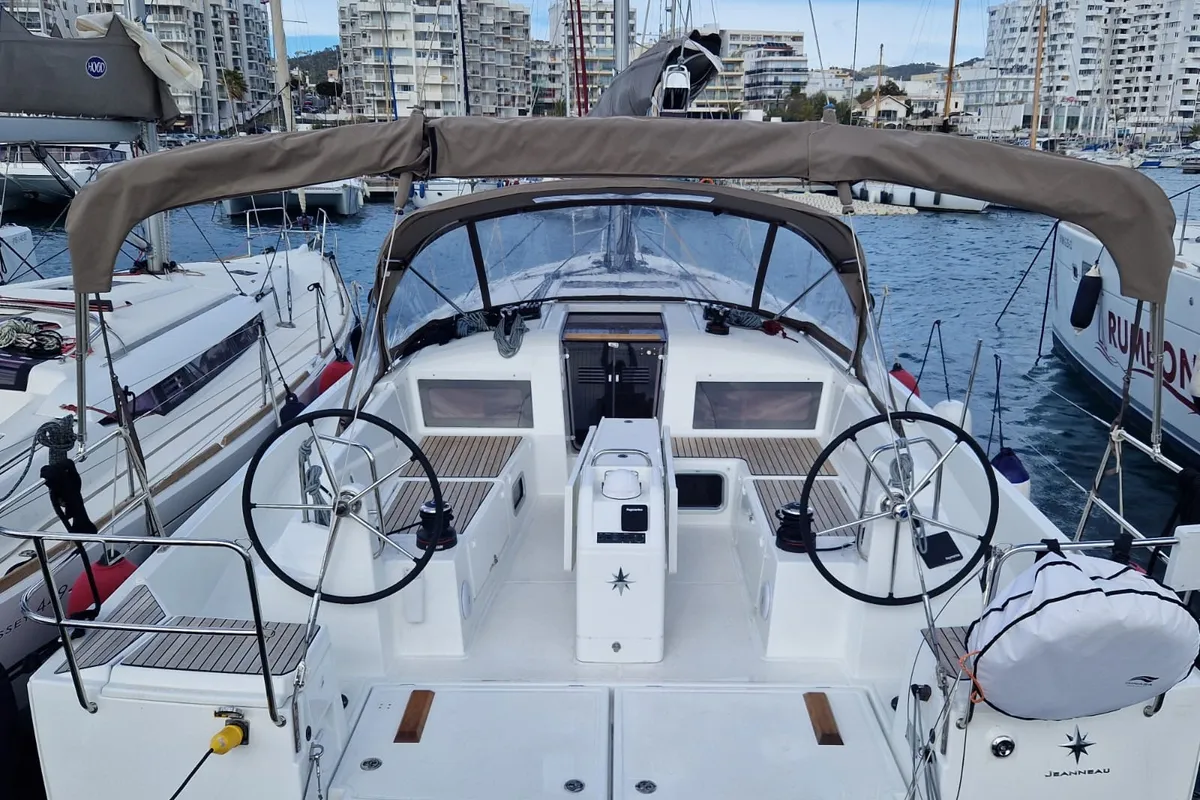 Cockpit of Koala II, a Jeanneau Sun Odyssey 440 sailboat at Sant Antoni de Portmany, Spain