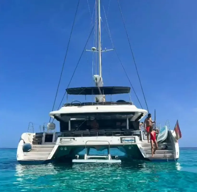 Exterior view of ZS, a Lagoon 620 catamaran at Ibiza, Spain