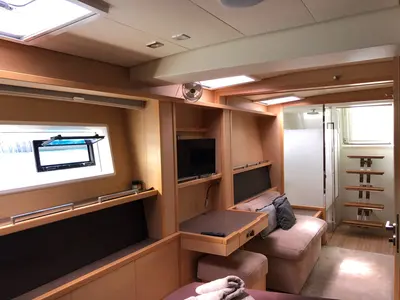 Salon of ZS, a Lagoon 620 catamaran at Ibiza, Spain