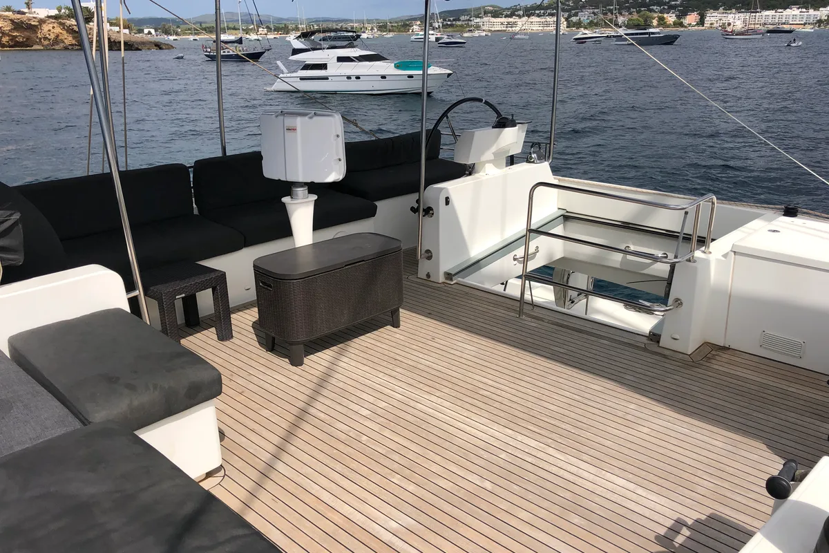 Cockpit of ZS, a Lagoon 620 catamaran at Ibiza, Spain