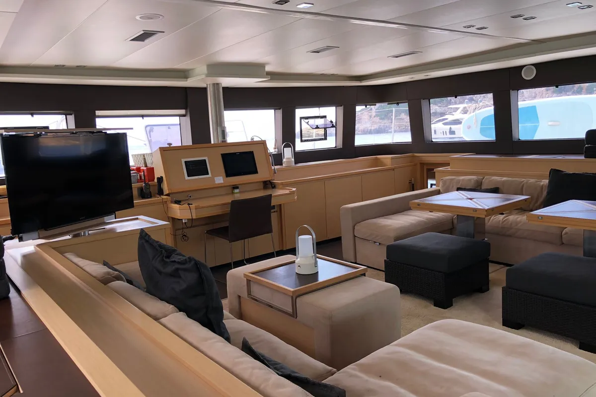 Salon of ZS, a Lagoon 620 catamaran at Ibiza, Spain