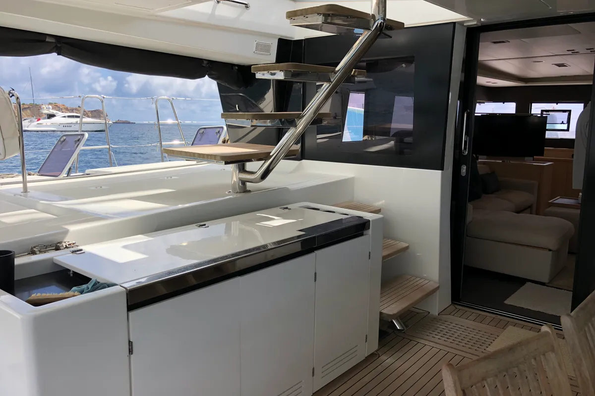 Deck of ZS, a Lagoon 620 catamaran at Ibiza, Spain