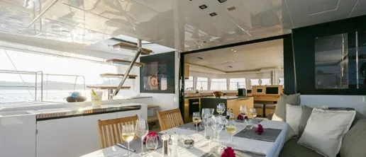 Deck of ZS, a Lagoon 620 catamaran at Ibiza, Spain