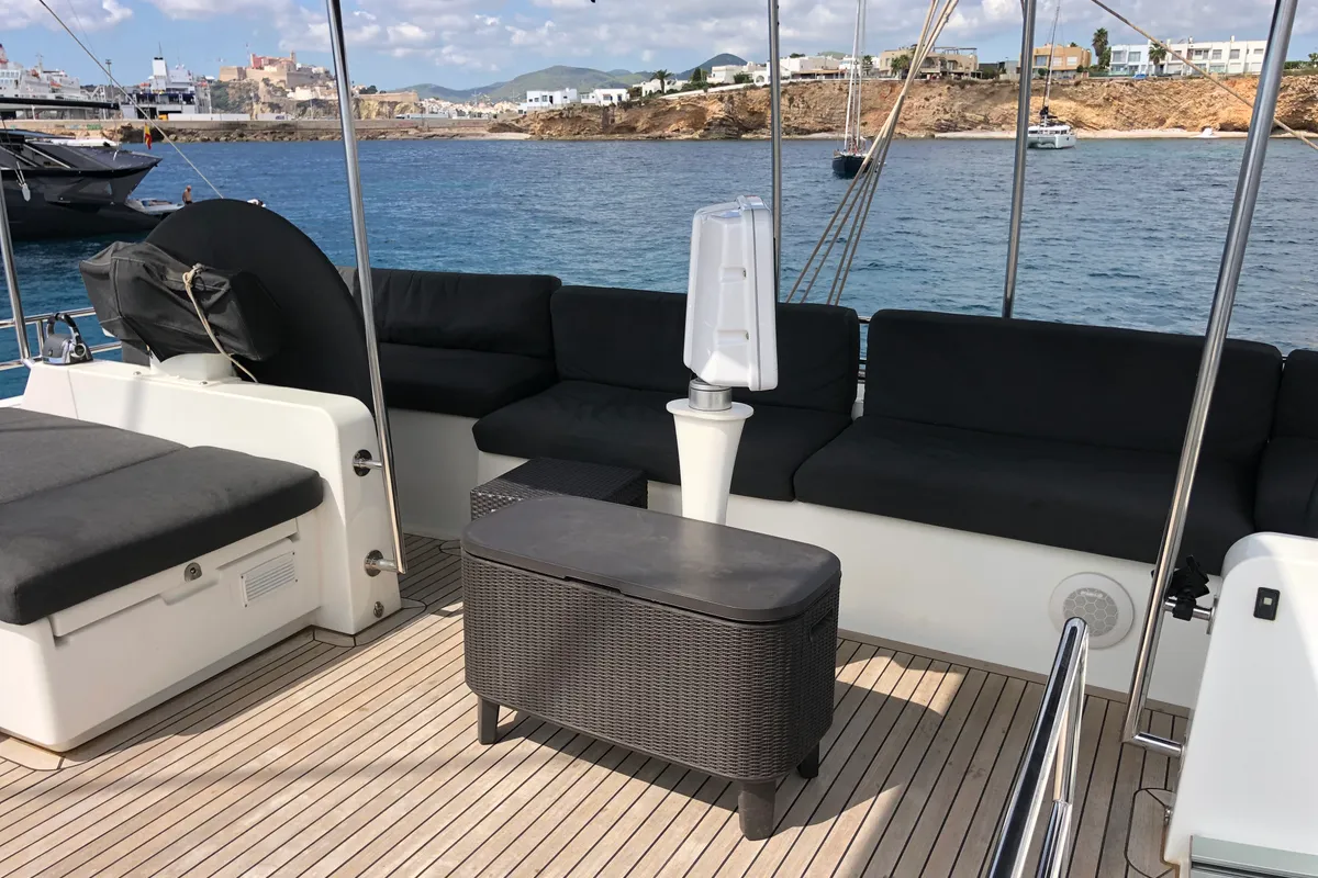 Deck of ZS, a Lagoon 620 catamaran at Ibiza, Spain
