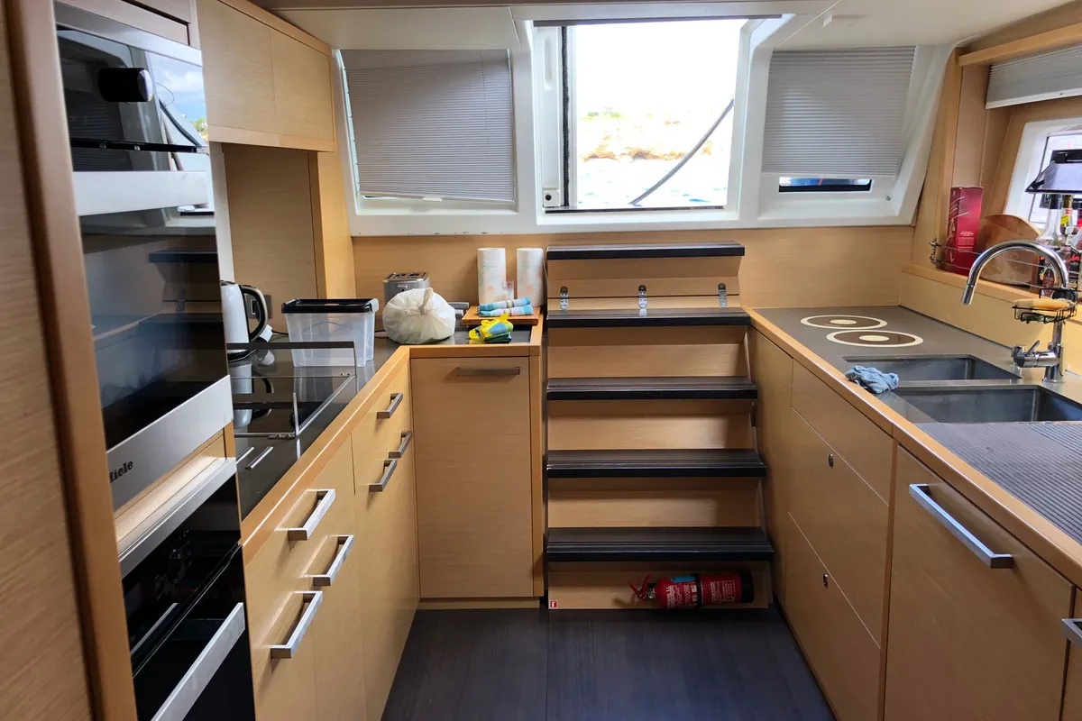Galley of ZS, a Lagoon 620 catamaran at Ibiza, Spain