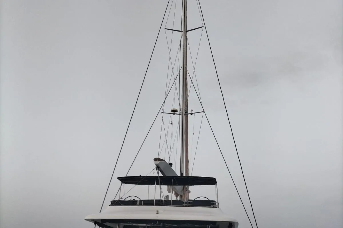 Exterior view of ZS, a Lagoon 620 catamaran at Ibiza, Spain