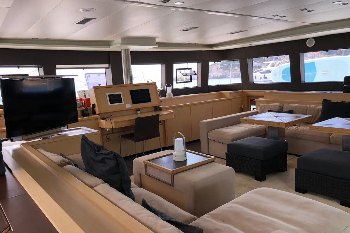 Salon of ZS, a Lagoon 620 catamaran at Ibiza, Spain