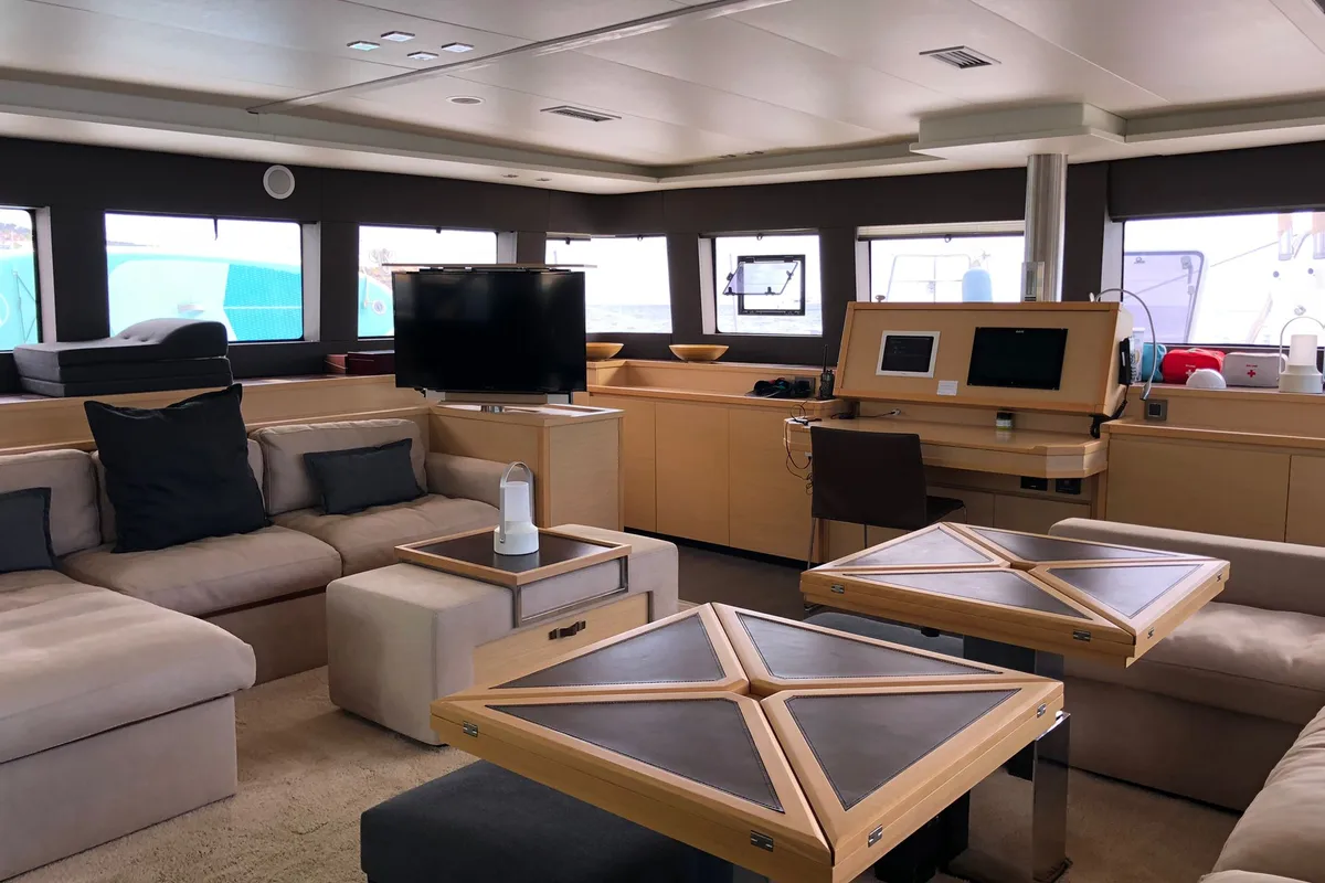 Exterior view of ZS, a Lagoon 620 catamaran at Ibiza, Spain