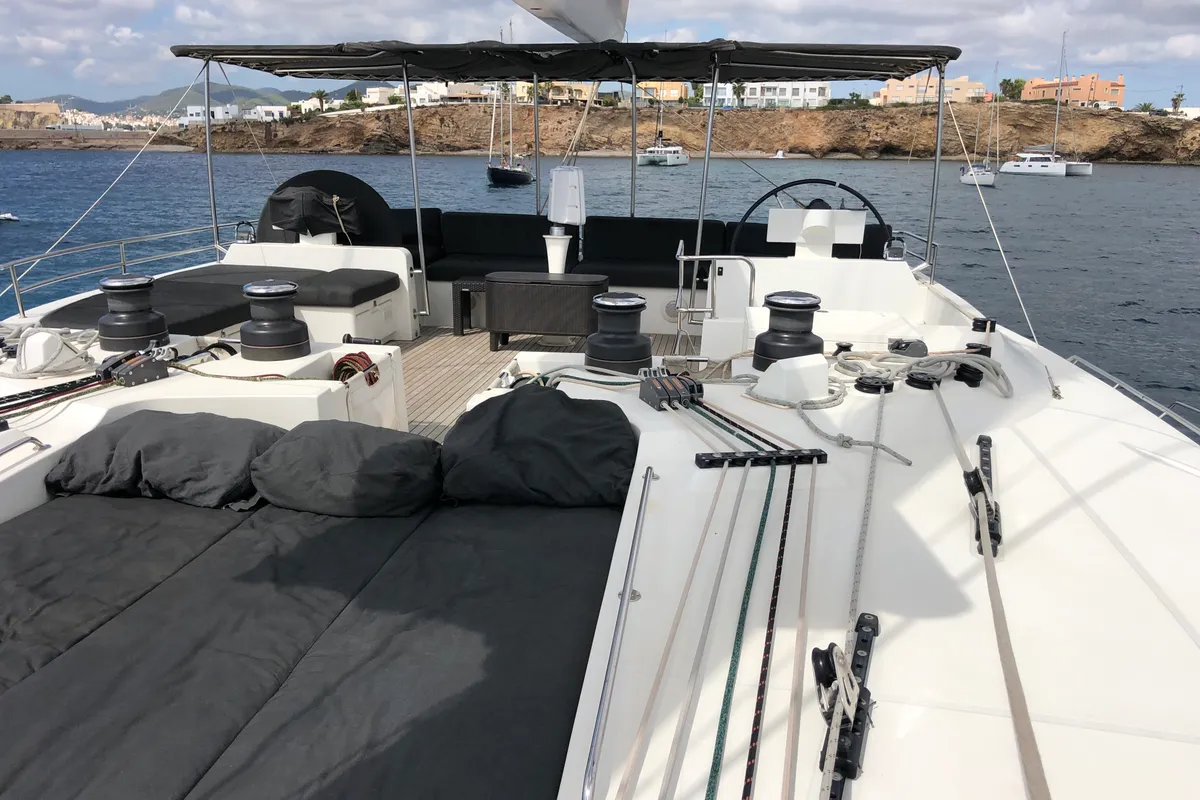 Deck of ZS, a Lagoon 620 catamaran at Ibiza, Spain