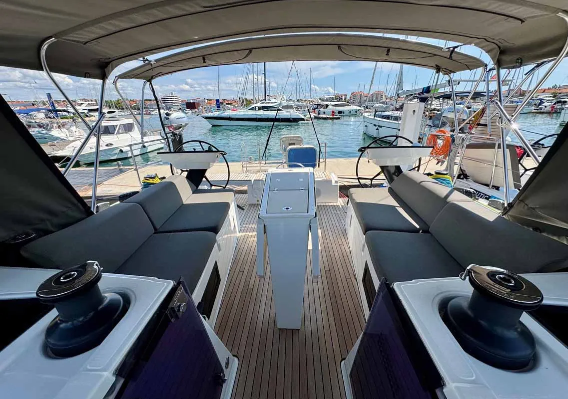 Deck of Leni, a Dufour 41 Performance sailboat at Grad Biograd na Moru, Croatia