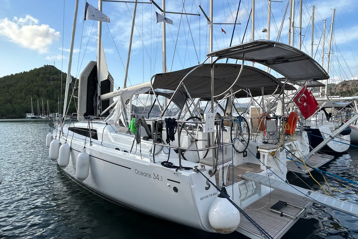 Exterior view of Sail Altair, a Beneteau Oceanis 34.1 sailboat at Marmaris, Turkey
