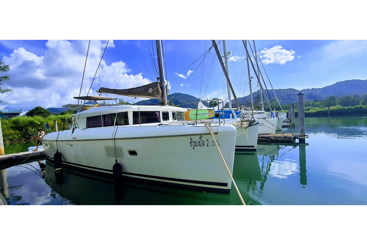 Exterior view of Chirouble, a Lagoon 421 catamaran at Baan Salak Phet, Thailand