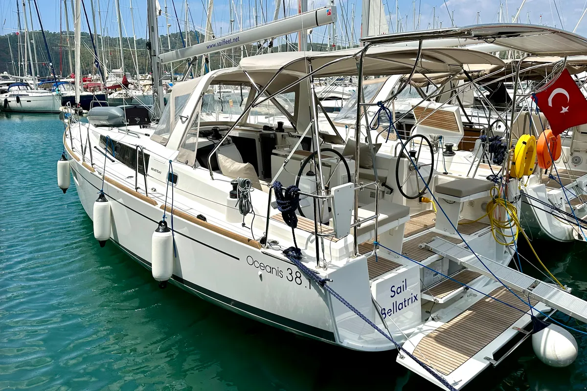 Exterior view of Sail Bellatrix, a Beneteau Oceanis 38.1 sailboat at Fethiye, Turkey