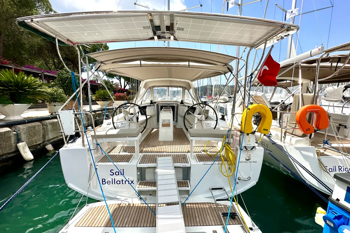Exterior view of Sail Bellatrix, a Beneteau Oceanis 38.1 sailboat at Fethiye, Turkey
