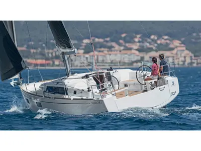 Exterior view of Sail Bellatrix, a Beneteau Oceanis 38.1 sailboat at Fethiye, Turkey